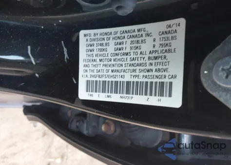 2014 Honda Civic Lx z USA, uszkodzony, nr VIN 2HGFB2F57EH521143